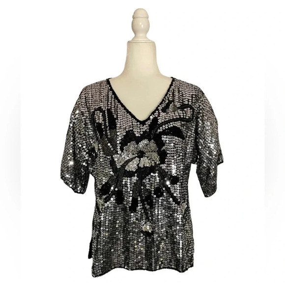 Tops - Vintage 80’s Glam Floral Sequin Silk Blouse